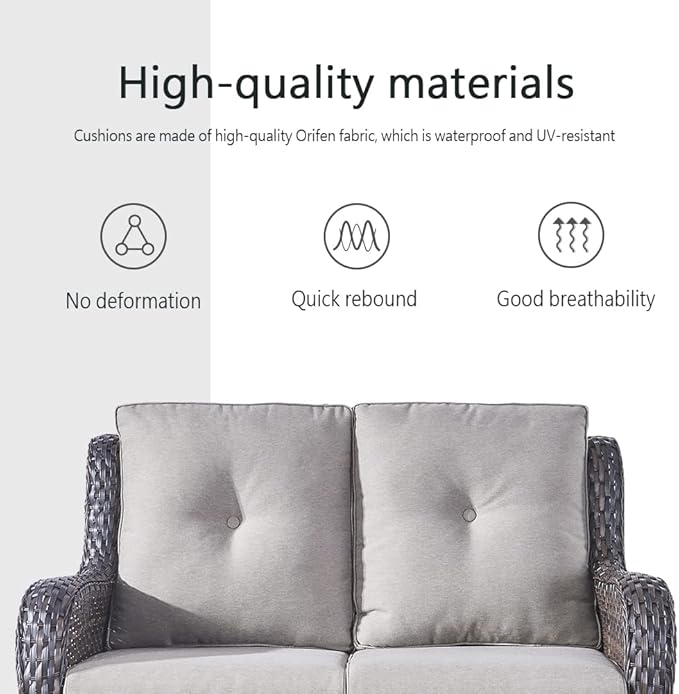 5 Piece Outdoor Patio Furniture Set - Wicker Furniture Patio Conversation Set, Outdoor Swivel Rocker Chairs with Loveseat Sofa and 2 Ottomans for Small Space, Gray Cushion