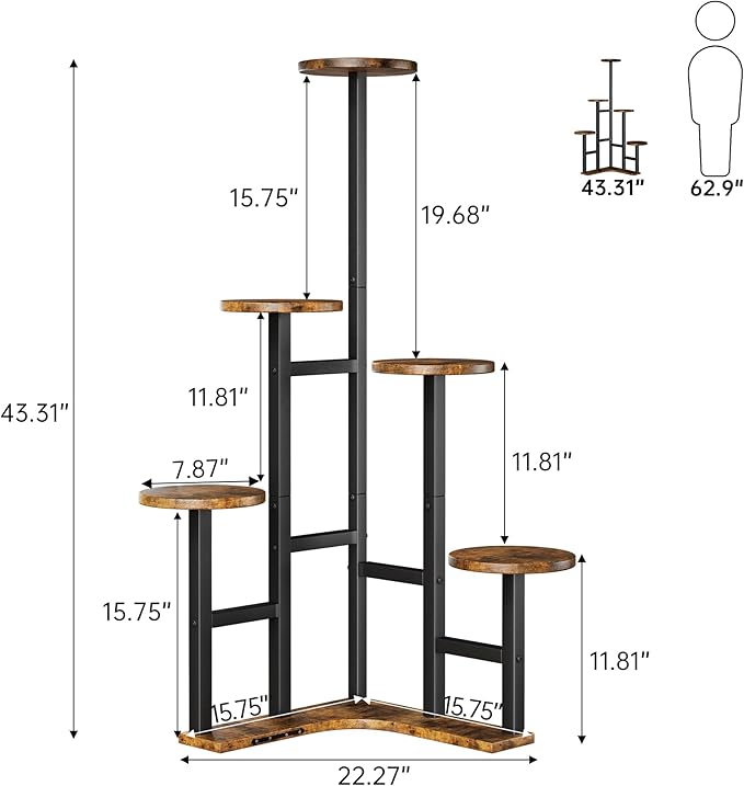 Corner Plant Stand Indoor, 6 Tier Corner Plant Shelf Flower Stand for Multiple Plants, Plant Shelves Organizer Rack for Living Room, Balcony, Patio, Garden, Round Rustic Brown
