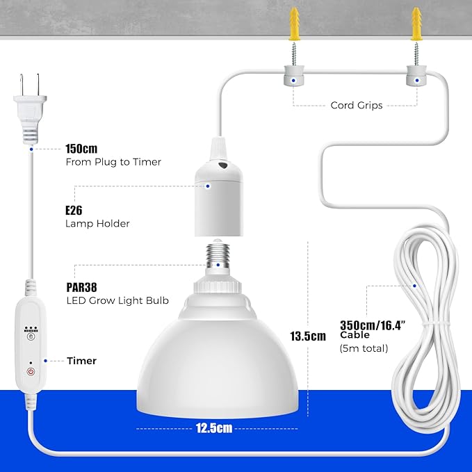 Barrina Hanging Grow Lights for Indoor Plants, 25W Full Spectrum, with Timer and 16.4FT Power Cord, Pendant Plant Lights for Indoor Growing, Large Tall Plant, Garden, Flowers, Greenhouse