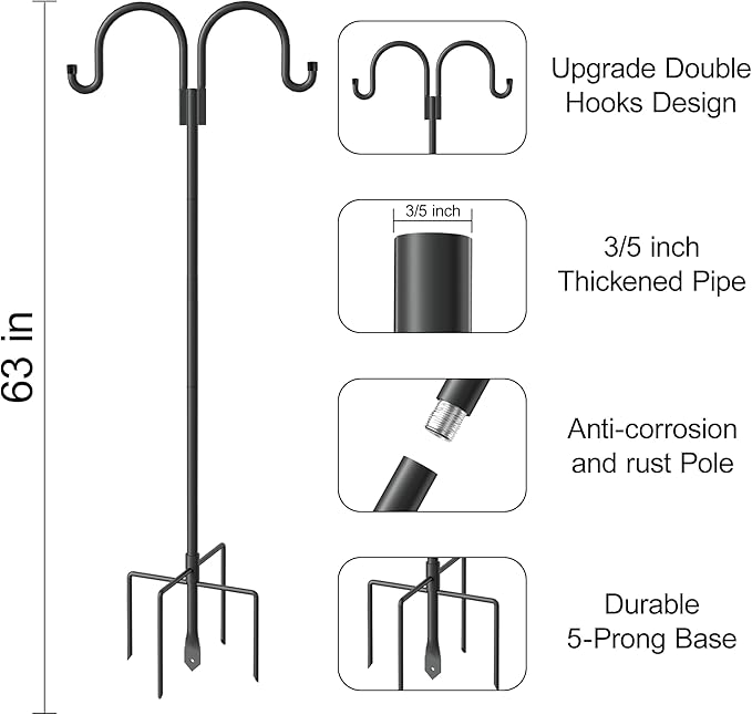 Double Shepherds Hooks for Outdoor, 2 Pack 63 Inch Bird Feeder Pole Hanger with 5 Prongs Base, Heavy Duty Bird Feeder Garden Hook for Hanging Plant, Lantern, Hummingbird Feeder