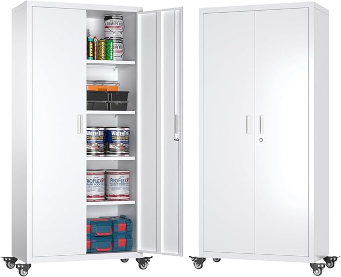 73" H Metal Garage Storage Cabinet with Wheels,Rolling Tool Storage Cabinet with 2 Doors and 4 Adjustable Shelves for Garage,Home,Office,Warehouse,Workshop, Required-Assembly,White