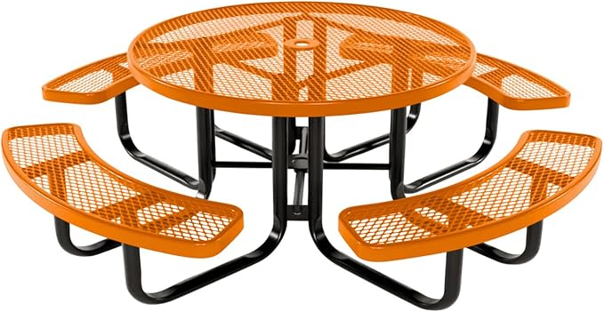 Coated Outdoor Furniture Heavy-Duty Portable Outdoor Kids Table with Umbrella Hole, Expanded Metal Kids Picnic Table, Commercial-Grade, Made in America (46 In, Round, Childrens, Orange)