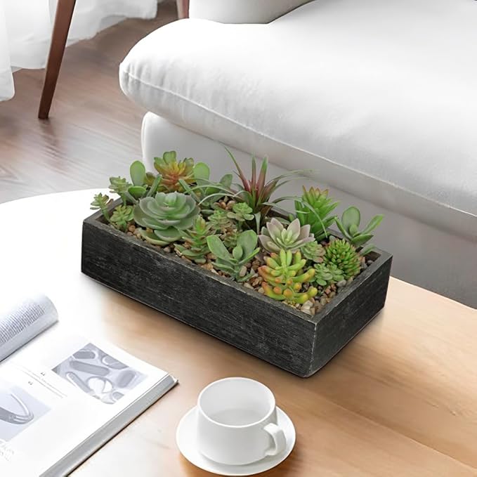 Artificial Succulent Plants in Pot 10 Inch Fake Succulent Arrangement Potted Succulents Plants Centerpiece in Rectangular Wooden Planter for Home Office Desk Shelf Living Room Bedroom Farmhouse Decor
