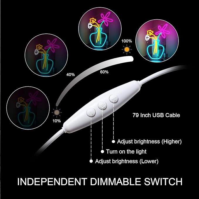 Flower Vase Neon Sign,Dimmable Neon Lights,Neon Flowers Sign for Wall Decor,Anime Flower Shape USB Connectivity Light Up Neon for Kids Room Girls Room Bar Birthday Party