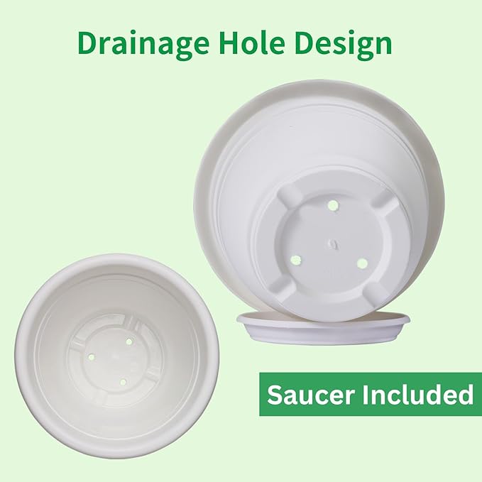 5 Packs 10 inch Plant Pots + Saucer, Planters for Indoor & Outdoor Plants with Drainage Holes | Plastic Flower Pots, Large Planter (White, 10 inch)