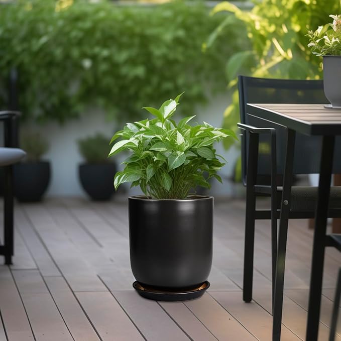 Ceramic Planter 10 Inch - Ceramic Pot for Indoor Plants Outdoor Plant Pot with Drainage Hole and Saucer Cylinder Flower Pot Black