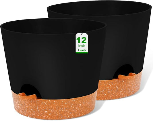 GARDIFE 12 inch Plant Pots, planters,Self Watering Pots, 2 Pack Large Plastic Flower pots with Deep Reservior and High Drainage Holes for Indoor Outdoor Plants and Flowers, Black