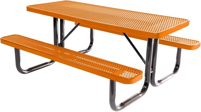 Coated Outdoor Furniture Heavy-Duty Portable Outdoor Picnic Table, Thermoplastic Coated Expanded Metal Commercial-Grade Patio Dining Furniture Made in America (6ft Rectangular, Orange)