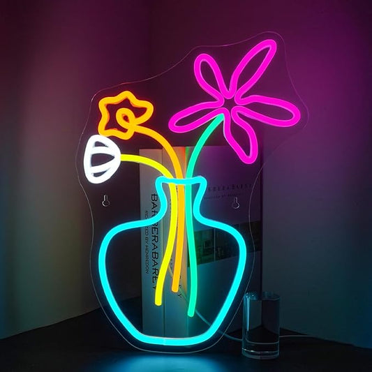 Flower Vase Neon Sign,Dimmable Neon Lights,Neon Flowers Sign for Wall Decor,Anime Flower Shape USB Connectivity Light Up Neon for Kids Room Girls Room Bar Birthday Party
