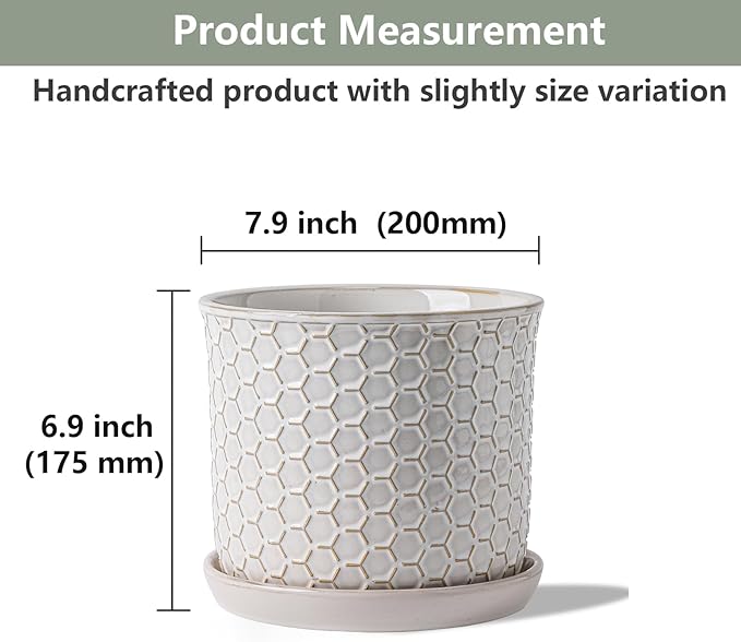 8 Inch Plant Pot: Ceramic Planter with Drainage Hole & Saucer - Flowerpot for Indoor & Outdoor Plants with Separate Tray for Home & Office - Honeycomb Design, Cream White