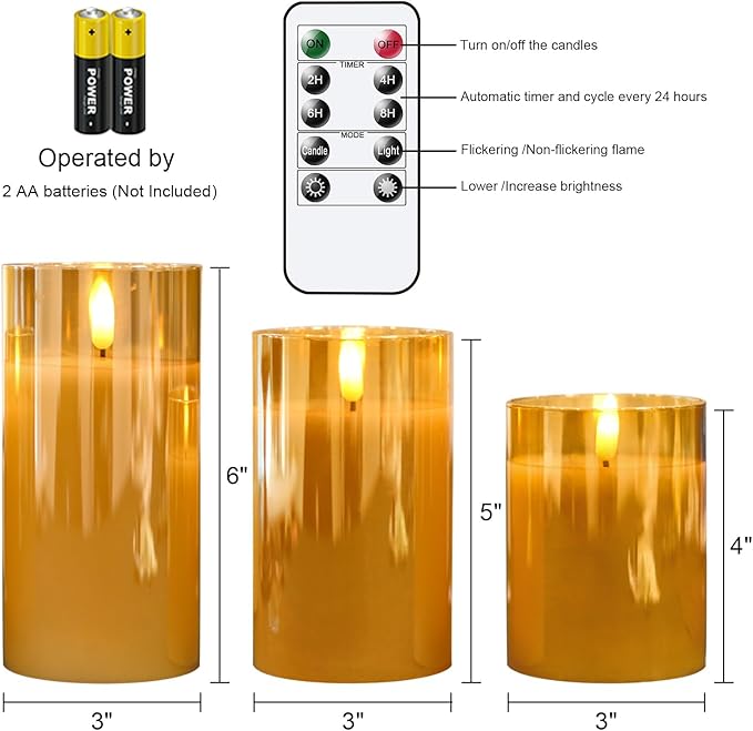 Glass Flameless Candles with Remote Timer,LED Candles Flickering Battery Operated with 3D Wick,Candle Holders Table Centerpiece Decoration for Home Wedding Birthday Festival(Gold)