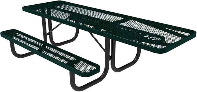 Coated Outdoor Furniture Heavy-Duty Portable ADA-Compliant Outdoor Picnic Table, Expanded Metal Patio Dining Furniture Made in America (8ft Rectangular, One-Side Handicap, Textured Dark Green)