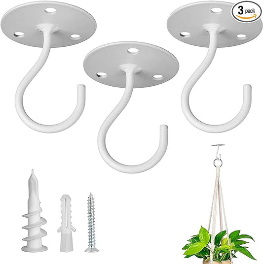 Ceiling Hooks for Hanging Plants - Metal Heavy Duty Wall Mounted Hangers for Hanging Bird Feeders, Planters, Wind Chimes, Include Professional Drywall Anchors (3-Pack (White)