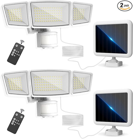 Energetic Solar Outdoor Lights, 1800LM 192 LED Security Motion Sensor Outdoor Lights with Remote Control, IP65 Waterproof Floodlight, 3 Head Motion Detected Spotlight for Garage, Pack of 2 (White)