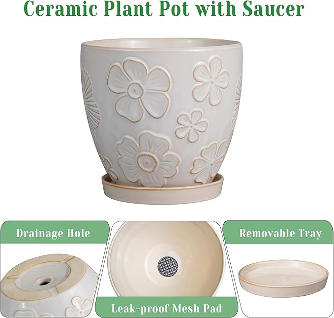 6 Inch Plant Pot with Drainage Hole and Saucer Ceramic Planter for Indoor Plant Flower Pot for Orchid Succulents Plants White