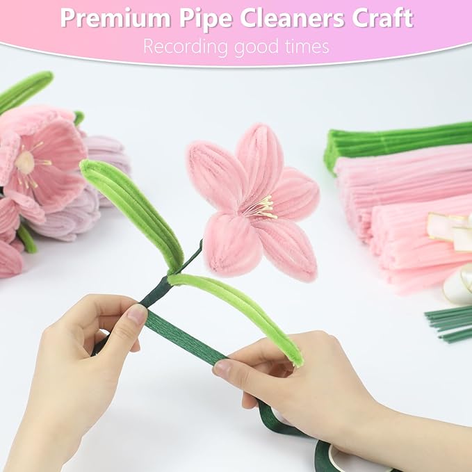 400 Pcs Pipe Cleaners Craft,4 Assorted Colors Pipe Cleaners Bulk, Chenille Stems for DIY Flower Making Kit with Floral Wires, Gardening Tape,Stamen& Ribbon (Pink)