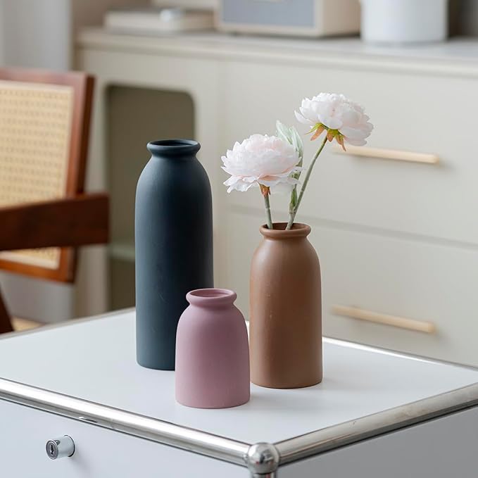 Ceramic Vase Set-3, Small Flower Vases for Decor, Modern Boho Farmhouse Style, Decorative Vases for Pampas Grass & Dried Flowers, Distressed Finish (Light Coffee)