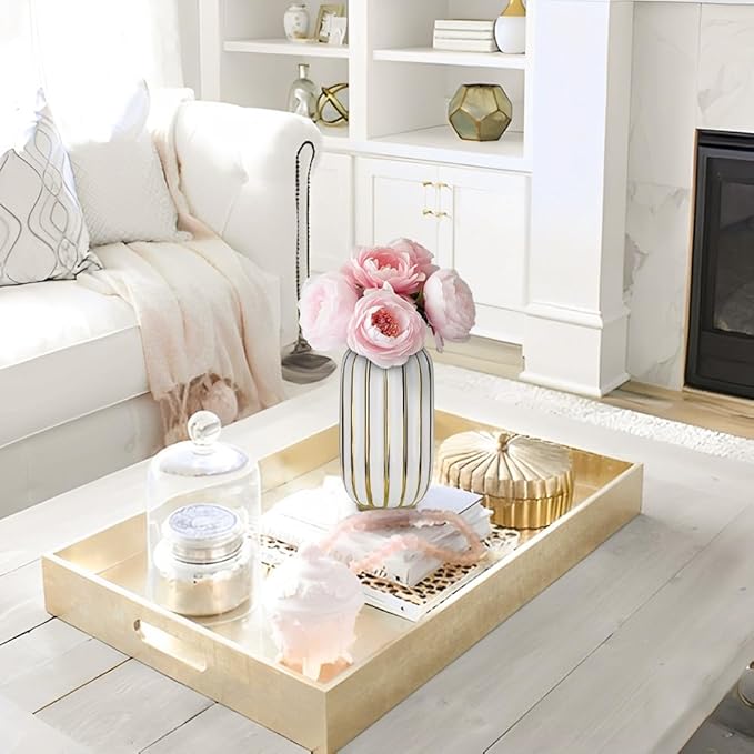 Briful Gold Plated Lantern Ceramic Vase Home Decor Creative Design Porcelain Decorative Flower Vase 8.66'' White Ceramic Vases for Wedding Anniversary Decoration