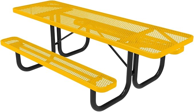 Coated Outdoor Furniture Heavy-Duty Portable ADA-Compliant Outdoor Picnic Table, Expanded Metal Patio Dining Furniture Made in America (8ft Rectangular, Both-Side Handicap, Yellow)