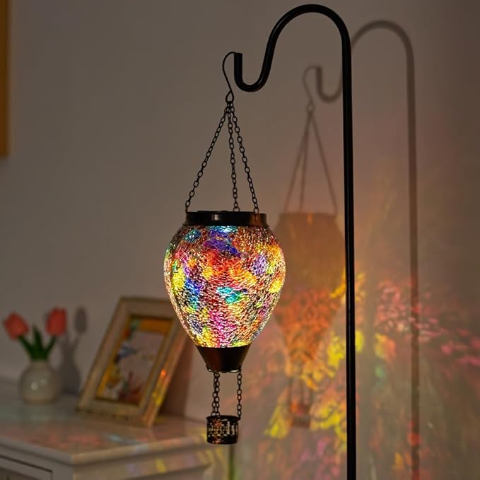 DREAMSOUL Mosaic Hot Air Balloon Solar Lantern with LED Light, Hanging Glass Solar Lanterns Outdoor Waterproof for Garden Patio Porch Decor