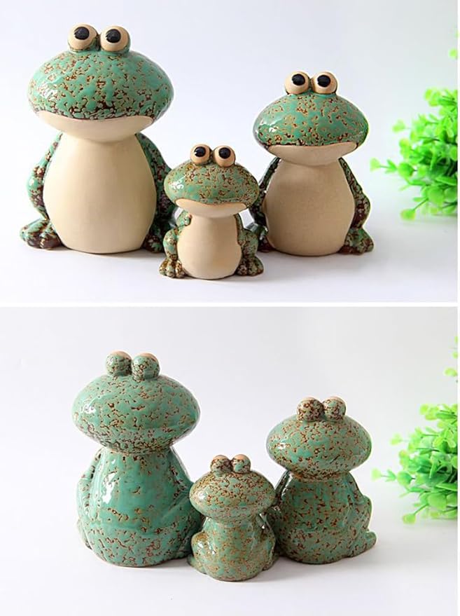 Frog Garden Decoration Set of 3,Funny Cute Ceramic Frog Garden Statues Yard Decoration Outdoor Holiday Decorations,Ideal Ornament for Outside Pond Pool Patio Front Porch Backyard (Green)