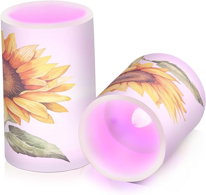 Flickering Flameless Candles, Beautiful Sunflower LED Candles with Remote Timer, Set of 2 Battery Operated Candle for Valentine Wedding Birthday