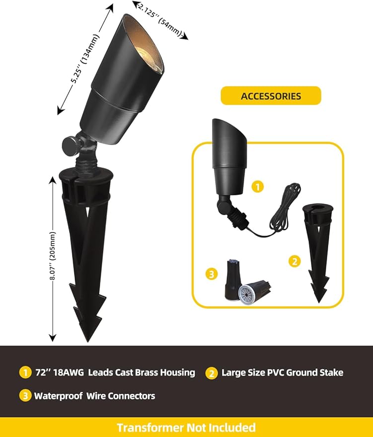 COLOER Brass Low Voltage Landscape Spotlight Fixture(Black) 1-Pack Without Bulb,12V AC/DC Outdoor Spot Lights for Yard, Directional Garden Patio Spot Up Light(101B-Black)