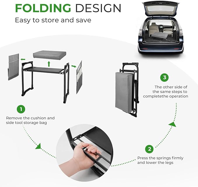 Garden Kneeler and Seat with Upgraded Wide & 3" Thick Kneeling Pad, Heavy Duty Garden Stool with 2 Large Tool Bags, Portable Bench for Planting, Weeding, Gardening Gifts for Women, Men, Seniors