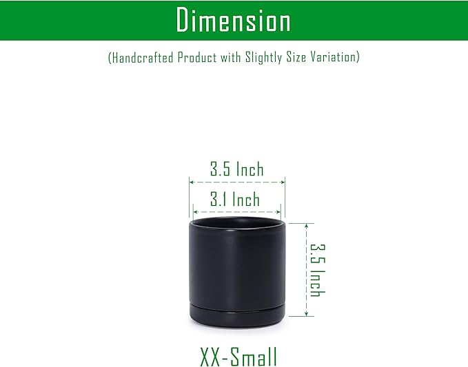 D'vine Dev 3.5 Inch Ceramic Planter Pot with Drainage Hole and Saucer, Indoor Cylinder Round Planter Pot, Black, 94-O-A-2