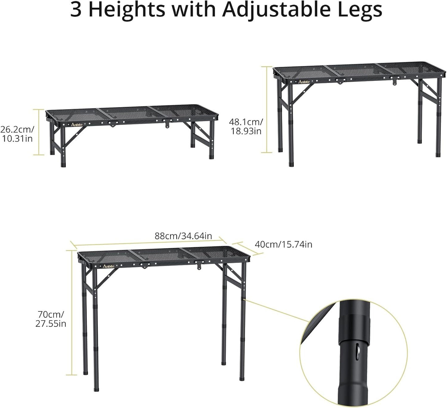 Folding Grill Table, Aluminum Camping Table Adjustable Height Max 27.5" Picnic Table Outdoor Table, Lightweight, Portable Handle for Travel Cooking BBQ Picnic, 35" x 16", Black