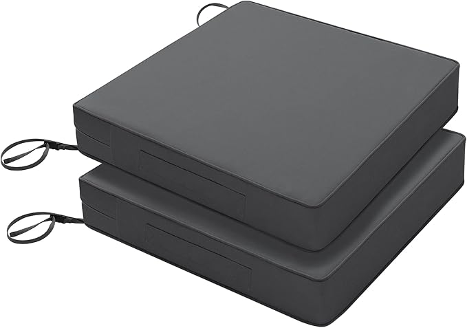 Favoyard Patio Chair Cushions 19 x 19 x 3 Inch Waterproof Outdoor Seat Cushions for Patio Furniture 3-Year Color Fastness Garden Sofa Couch Pads with Handle & Adjustable Straps Set of 2, Dark Grey