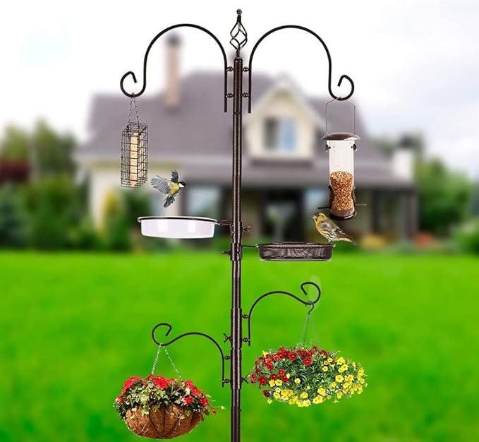 Deluxe Bird Feeding Station Kit With Multi Feeder Hanging Pole, Metal Suet Feeder, Bird Bath, Mesh Tray for Attracting Wild Birds and Planter Hanger (1 Pack)