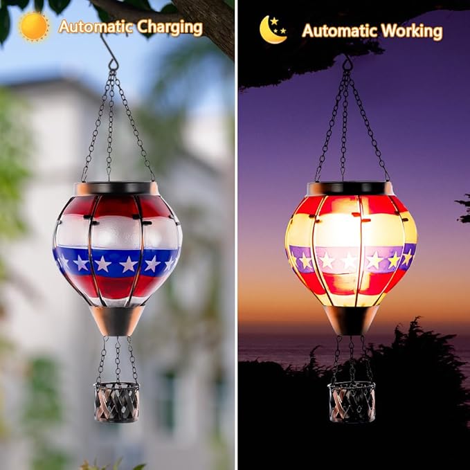 DREAMSOUL Flag Hot Air Balloon Solar Lantern, Glass Solar Lantern with Flickering Flame, Hanging Waterproof Solar Lanterns Outdoor Flag Day for Patio Decor, Fourth of July Decorations Christmas Gifts
