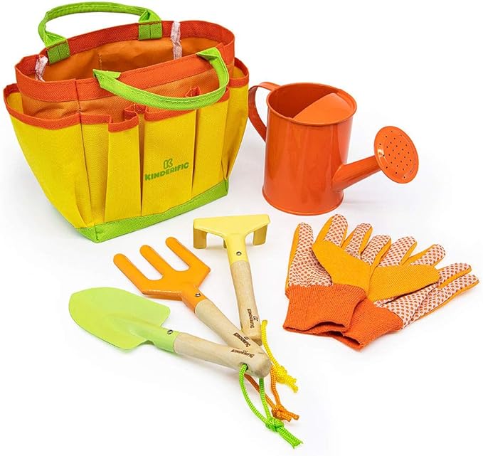 Gardening Set, Tool Kit, for Kids, STEM, Includes Tote Bag, Spade, Watering Can, Rake, Fork, Trowel and Gloves (Sunshine)