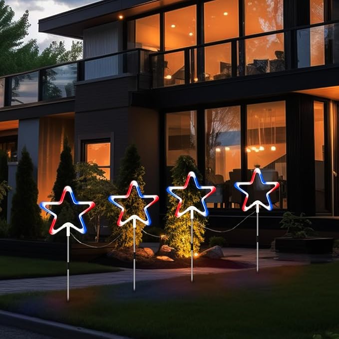 4th of July Decorations Red White and Blue Light, 4PCS Big LED Neon Star Pathway Lights Outdoor, Patriotic Garden Stake Lights with 8 Modes Waterproof for Independence Day Yard Lawn Decor