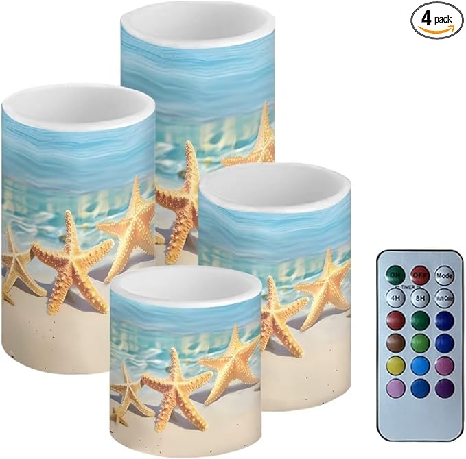 Flameless Candles Battery Powered LED Candle with Remote Timer Color Changing Control Set of 4 for Indoor Outdoor Beach Wedding Coastal Home Decorations, Beach Starfish Blue Sea