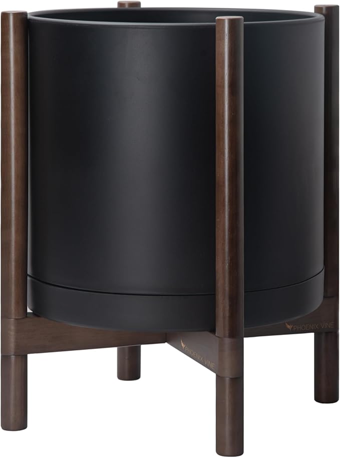 D'vine Dev Planter Pot with Stand - 16 Inch Plastic Cylinder Flower Pot with Wood Planter Holder for Indoor, Matte Black Pot + Walnut Color Stand, 55-C-X-2