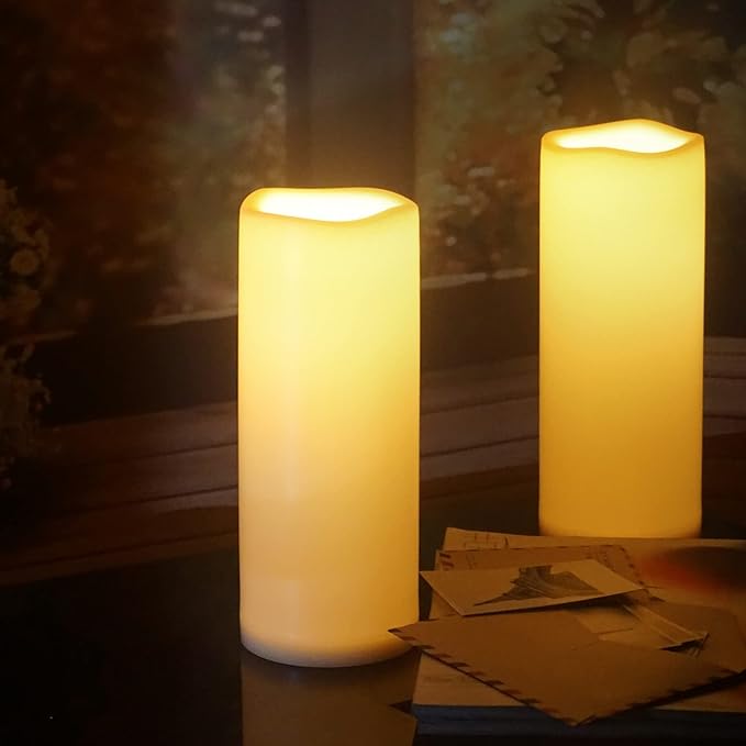 CANDLE CHOICE Waterproof Outdoor Battery Operated Flameless Candles with Timer Large Plastic Resin Bright Flickering Electric LED Pillars Lantern Garden Wedding Christmas Decorations 4”(D)x10”(H) 2PCS