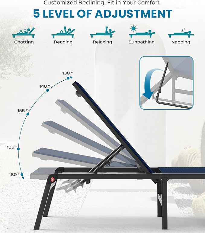 Chaise Lounge Outdoor, Foldable Aluminum Pool Lounge Chairs with 5 Positions Recliner - Free Assembly - Patio Chaise Lounge Chair for Poolside, Beach, Yard (NavyBlue)