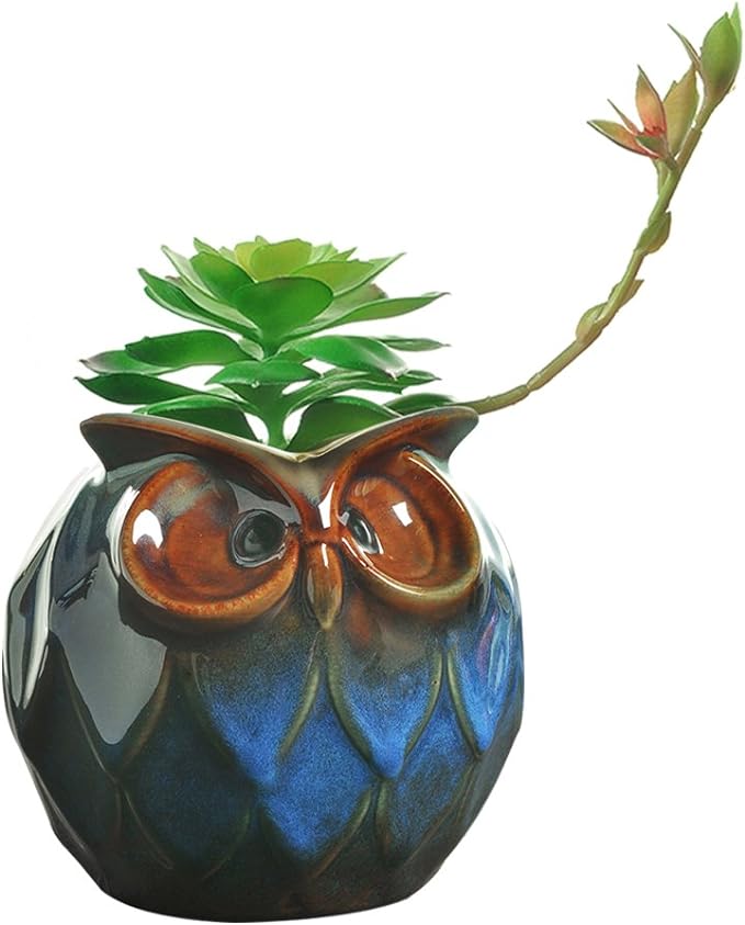GeLive Blue Owl Ceramic Succulent Planter with Drainage Hole Animal Plant Pot Tabletop Decoration Vase Window Box Indoor Outdoor Decor (Blue)