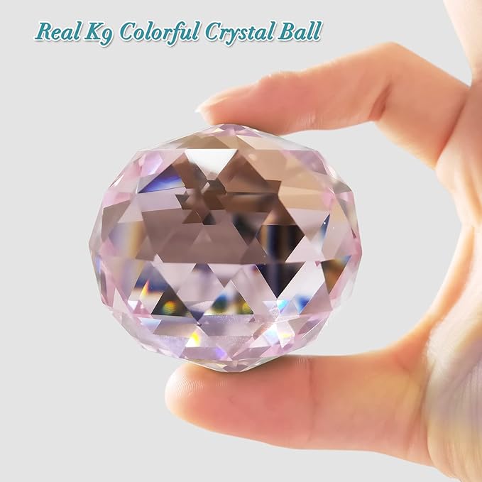 FONMY Gazing Ball Spiral Tail -Decorative Wind Spinner Sun Catcher Rainbow Maker 11 inch Tail and 2 inch Pink Crystal Orb. Indoor Outdoor Garden Decoration -13 inch Height