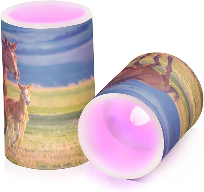 Flickering Flameless Candles, Beautiful Horses Summer Field LED Candles with Remote Timer, Set of 2 Battery Operated Candle for Valentine Wedding Birthday