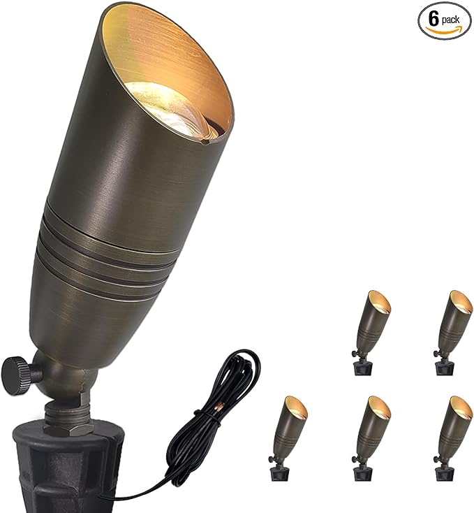 COLOER Die-cast Brass Landscape Spotlights Outdoor, 12V AC/DC Low Voltage Spotlight, IP65 Waterproof Landscape Lighting for Yard, Garden Patio Trees Spot Uplight(102B,6-Pack Without Bulb)