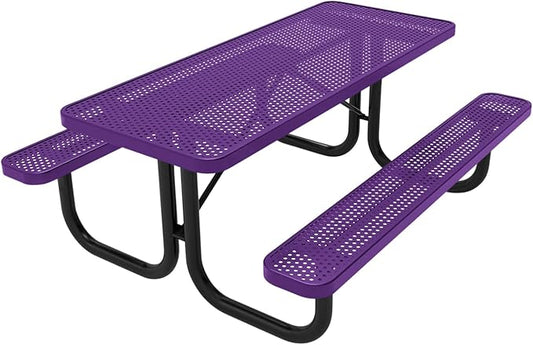 Coated Outdoor Furniture Heavy-Duty Portable Outdoor Picnic Table, Thermoplastic Coated Punched Steel Commercial-Grade Patio Dining Furniture Made in America (6ft Rectangular, Purple)