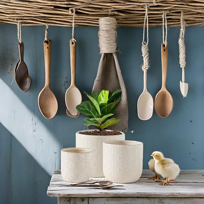 Docrin Ceramic Plant Pots Indoor：6.5+5.3+4 Inch Planters with Drainage Holes for Home/Office - Set of 3 / White