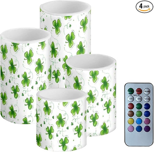 Flameless Light Candles for St Patricks Day Decorations, Battery Operated Candles Color Changing Timer Remote Control Pillar Candles Tealight St. Patrick Gift Accessories, Green Grass Print