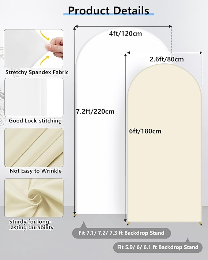 Hemmotop White and Beige Wedding Arch Backdrop Cover, Set of 2 (7.2ft, 6ft), 2 Sided Stretchy Spandex Fitted Balloon Arch Stand Backdrop for Birthday Party, Baby Shower, Double Color