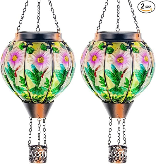 DREAMSOUL 2PCS Hummingbird Hot Air Balloon Solar Lantern, Hanging Glass Solar Lanterns Outdoor Waterproof for Garden Tree