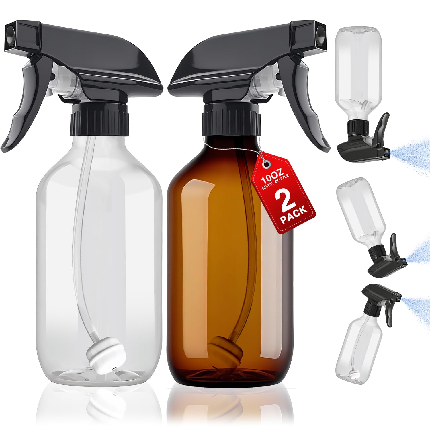 2 Packs Plastic Spray Bottles 360° Water Spray Bottle for Cleaning - 10 oz/300 ml Upside Down Spray Bottle Small Squirt Bottle with Adjustable Nozzle for Hair, Cooking, Plant, Pet (Clear + Brown)