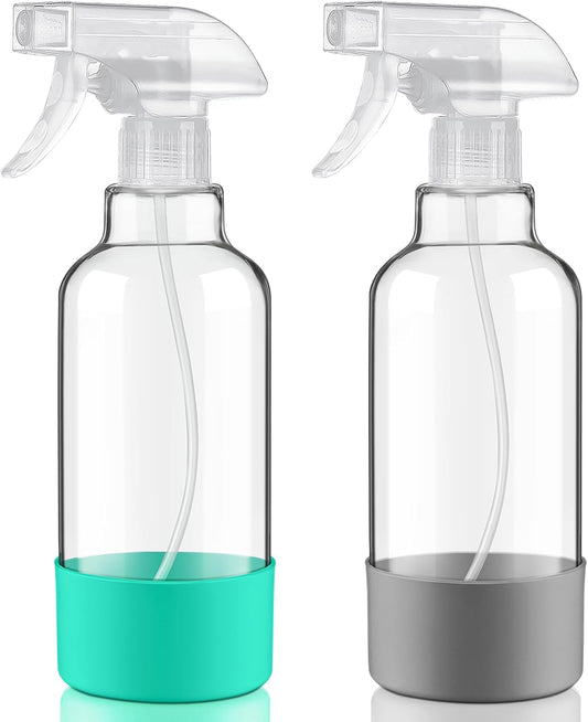 Glass Spray Bottles with Silicone Sleeve 16.9oz 2 Pack Empty Spray Bottle for Hair Mist/Stream Spraying for Cleaning Solutions, Plants, Essential Oils (clear-green&grey)